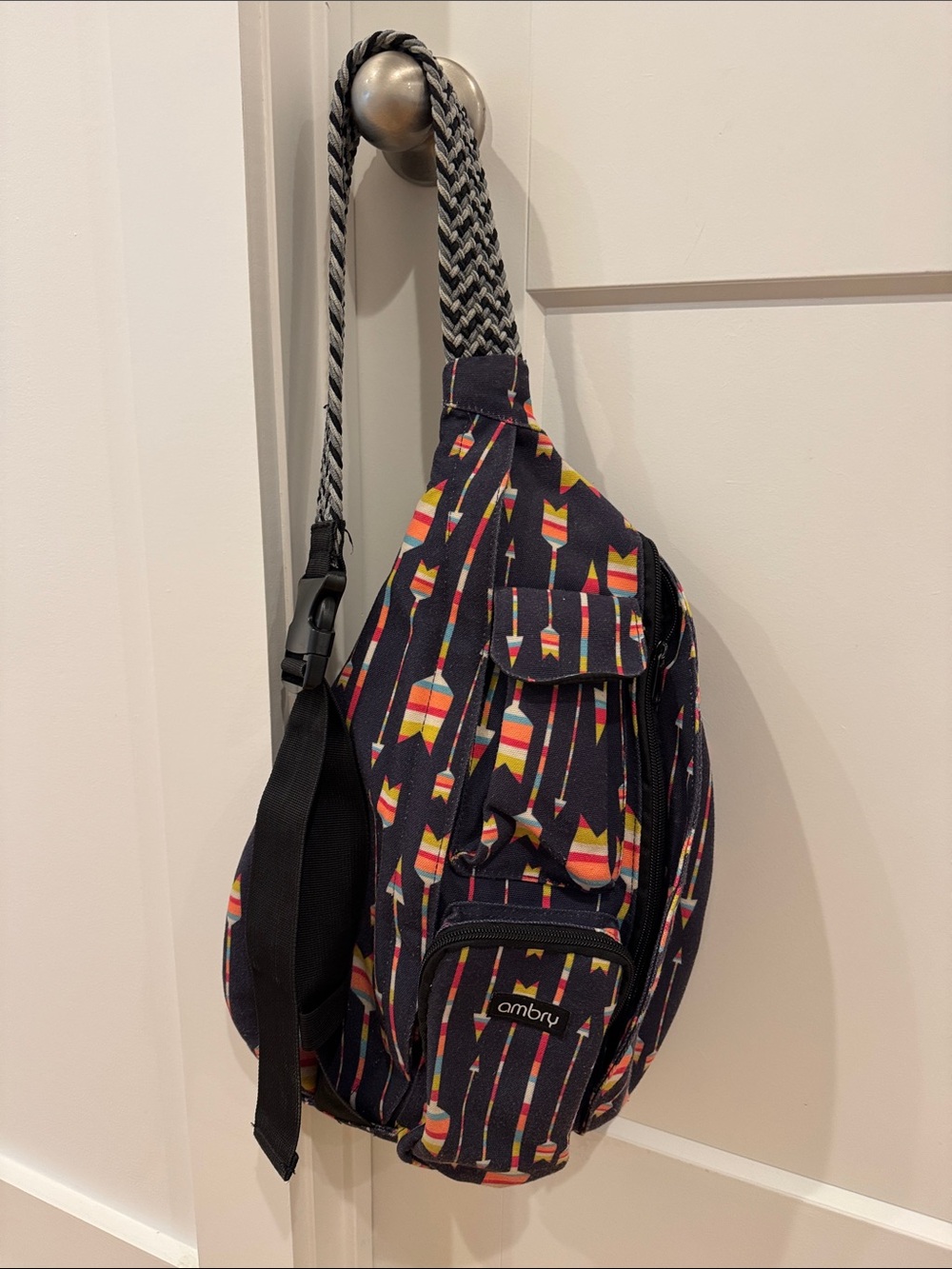 Navy Crossbody Sling Bag with Colorful Arrow Print